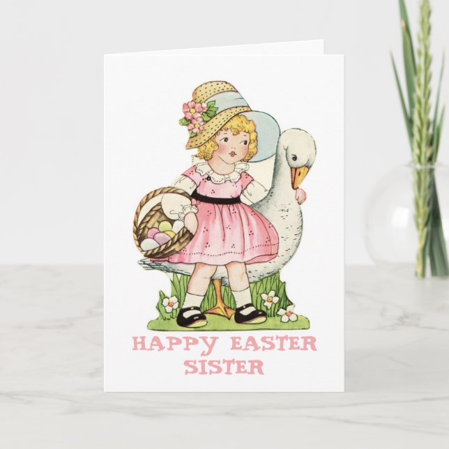 Little Girl and Goose Happy Easter Sister Card (Front)