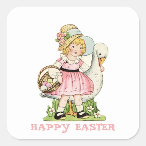 Little Girl and Goose Happy Easter Square Sticker