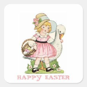 Little Girl and Goose Happy Easter Square Sticker