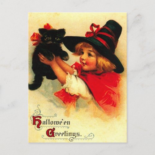 Little Girl And Her Black Cat Postcard