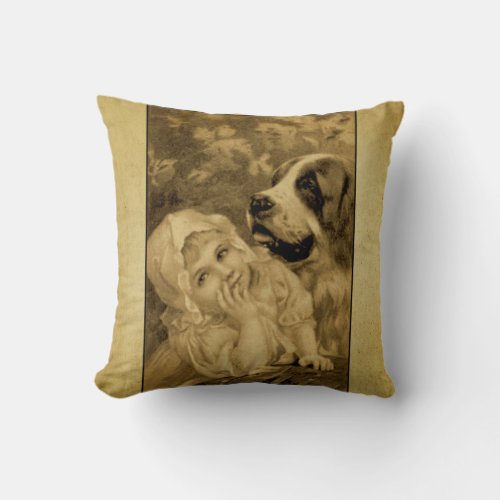 Little Girl and Her Dog Vintage Illustration Throw Pillow
