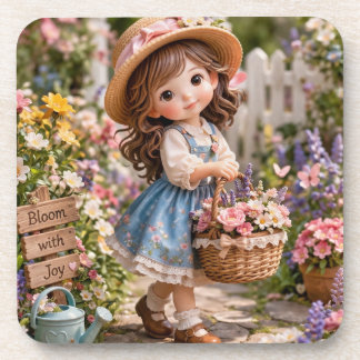 Little girl and her flower garden beverage coaster