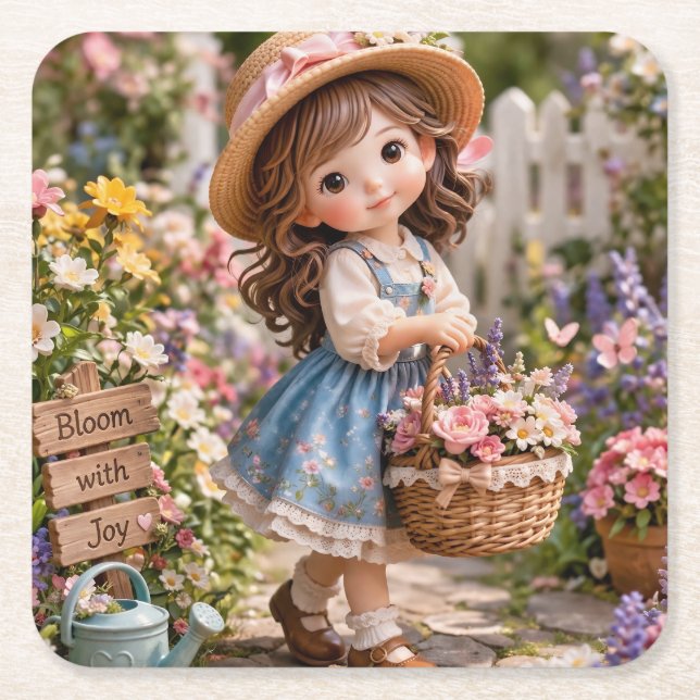 Little girl and her flower garden square paper coaster (Front)