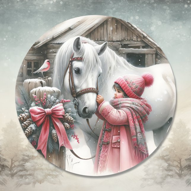 Little Girl and her Horse Rustic Christmas Classic Round Sticker (Creator Uploaded)