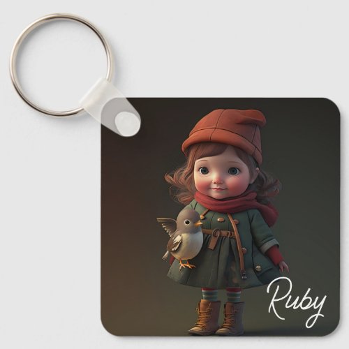 Little Girl and Her Pet Bird Robin Keychain