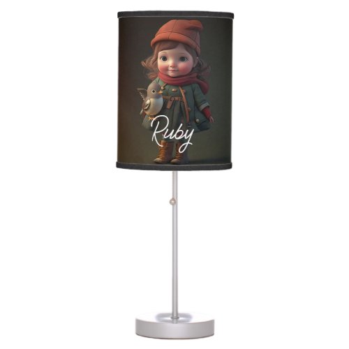 Little Girl and Her Pet Bird Robin Table Lamp