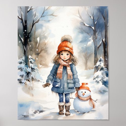 Little Girl and Her Snowman Poster