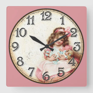 Little Girl and Her Vintage Doll Square Wall Clock