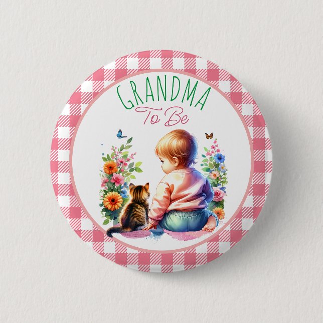 Little Girl and Kitten | Grandma to be Baby Shower Button (Front)