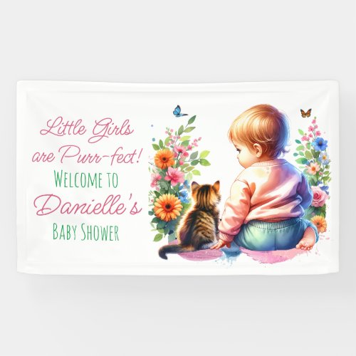 Little Girl and Kitten  Watercolor Baby Shower Banner