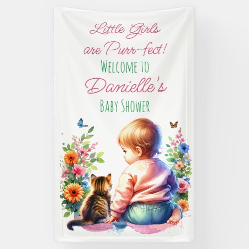 Little Girl and Kitten  Watercolor Baby Shower Banner