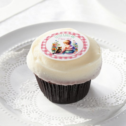 Little Girl and Kitten | Watercolor Baby Shower Edible Frosting Rounds (Cupcake)