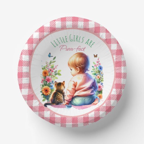 Little Girl and Kitten  Watercolor Baby Shower Paper Bowls