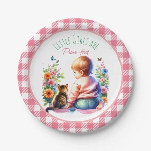 Little Girl and Kitten  Watercolor Baby Shower Paper Plates