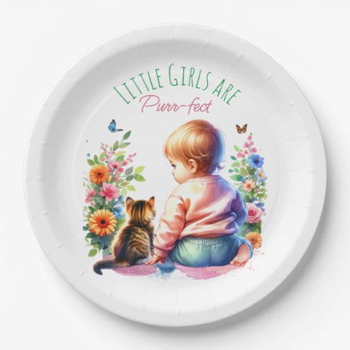 Little Girl and Kitten  Watercolor Baby Shower Paper Plates