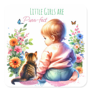 Little Girl and Kitten | Watercolor Baby Shower Square Sticker