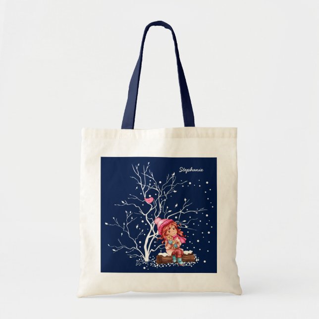 Little Girl and Kitty. Custom Name Christmas Gift  Tote Bag (Front)