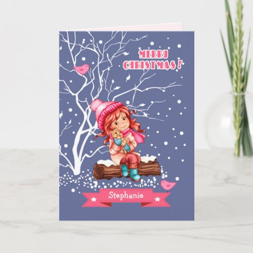 Little Girl and Kitty  Custom Name Christmas Holiday Card