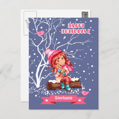 Little Girl and Kitty  Custom Name Christmas  Holiday Postcard