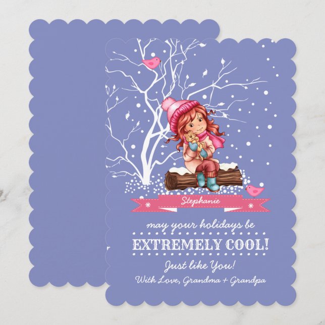 Little Girl and Kitty | Custom Name  Holiday Card (Front/Back)