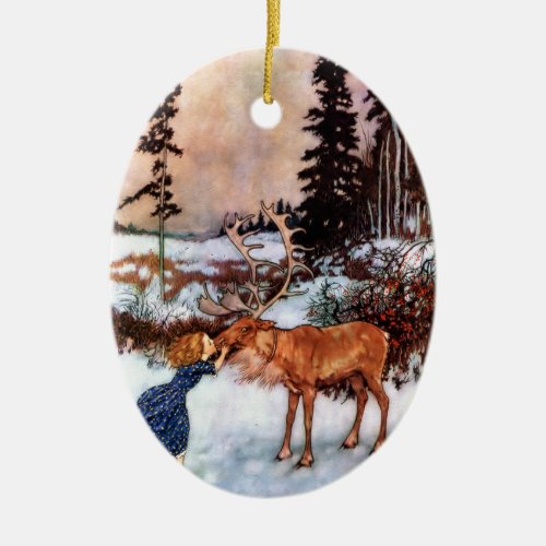 Little Girl and Moose Ceramic Ornament