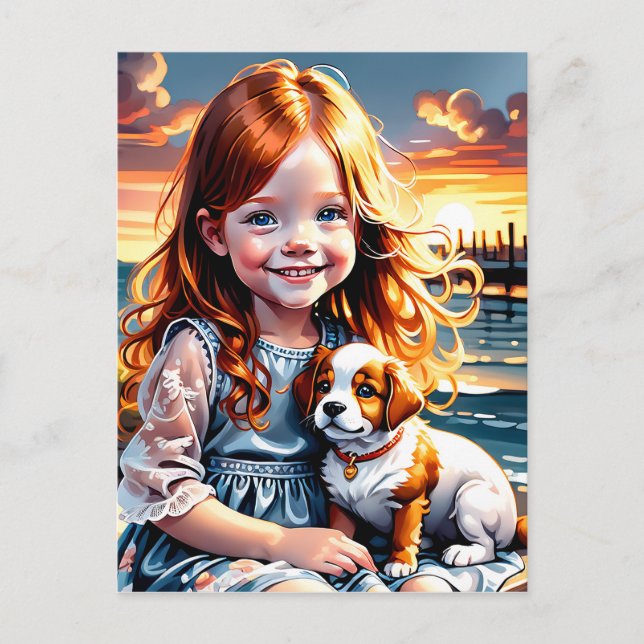 Little girl and one adorable little chubby puppy holiday postcard (Front)