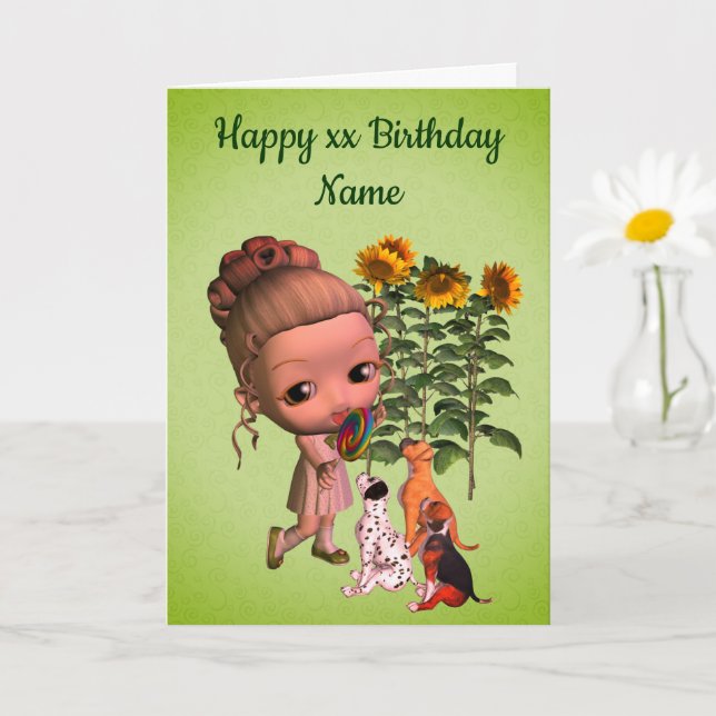 Little Girl And Puppies Personalized Birthday  Card (Small Plant)