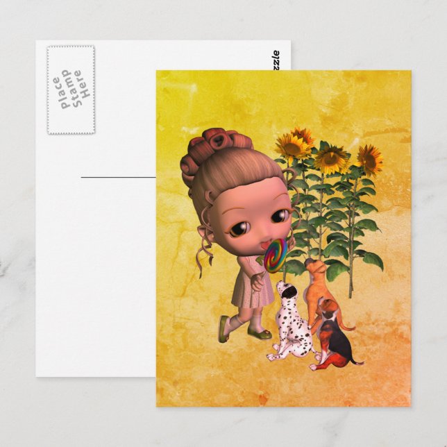 Little Girl And Puppies Postcard (Front/Back)