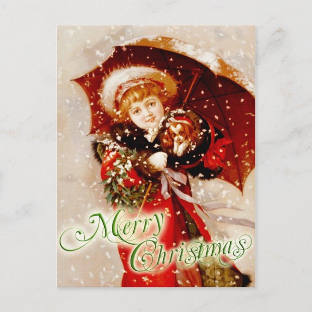 Little girl and puppy in the Christmas snow Holiday Postcard (Front)