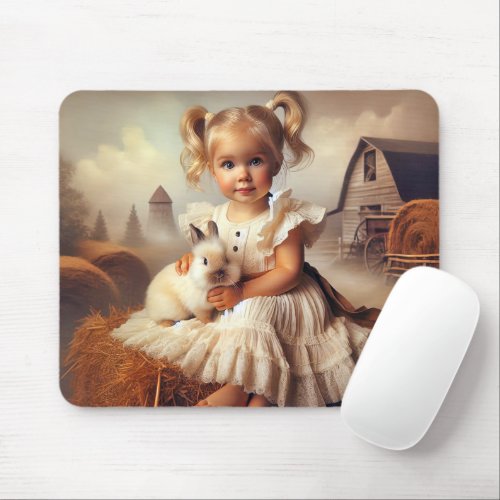 Little Girl and Rabbit On Hay Bale Mouse Pad