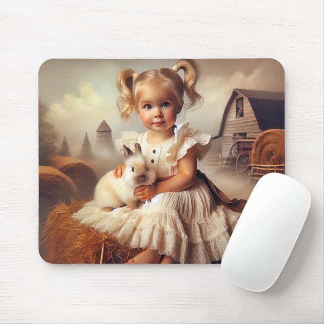 Little Girl and Rabbit On Hay Bale Mouse Pad (With Mouse)