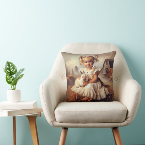 Little Girl and Rabbit On Hay Bale Throw Pillow