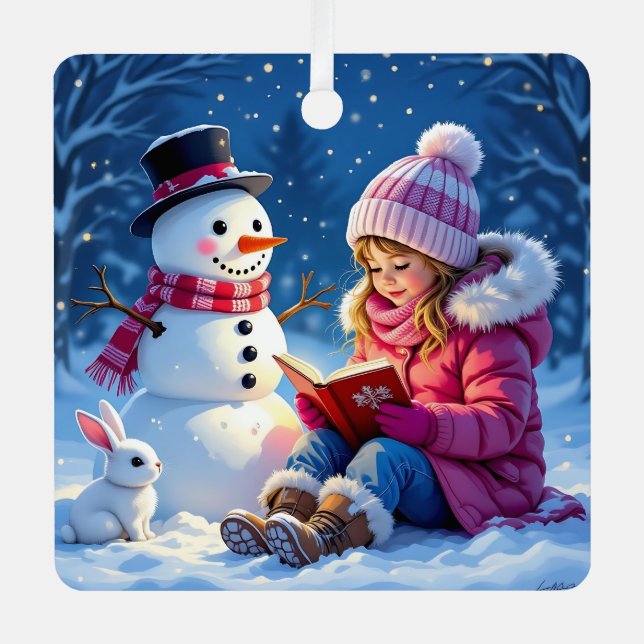 Little Girl and Snowman Personalized Christmas Metal Ornament (Front)