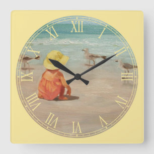 Little Girl at the Beach Fine Art Roman Numeral Square Wall Clock