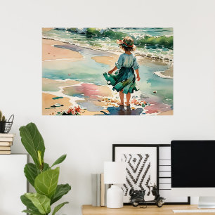 Little girl at the beach, watercolor ocean waves, poster