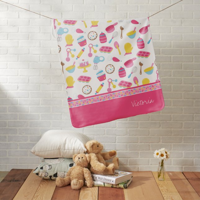 Little Girl Baker Pink Cooking Pattern Chef Baby Blanket (In Situ)