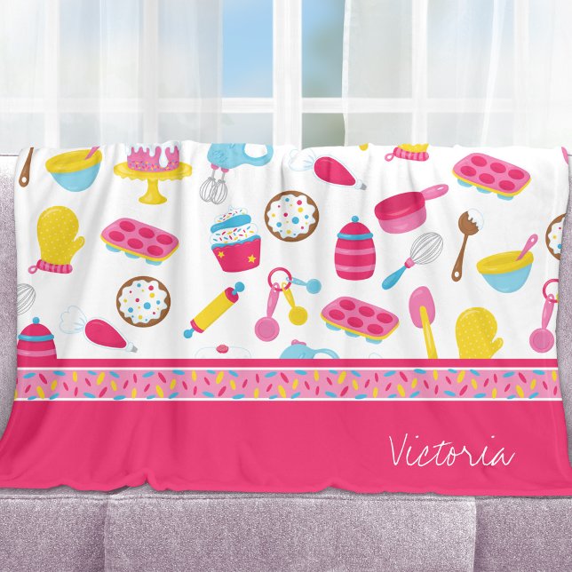 Little Girl Baker Pink Cooking Pattern Chef Kid Fleece Blanket (Creator Uploaded)
