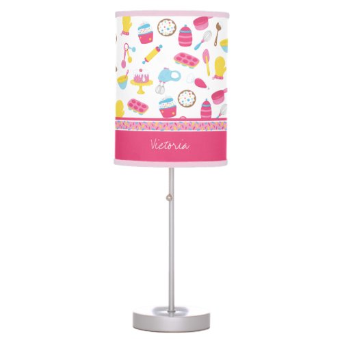 Little Girl Baker Pink Cooking Pattern Chef Kid Table Lamp