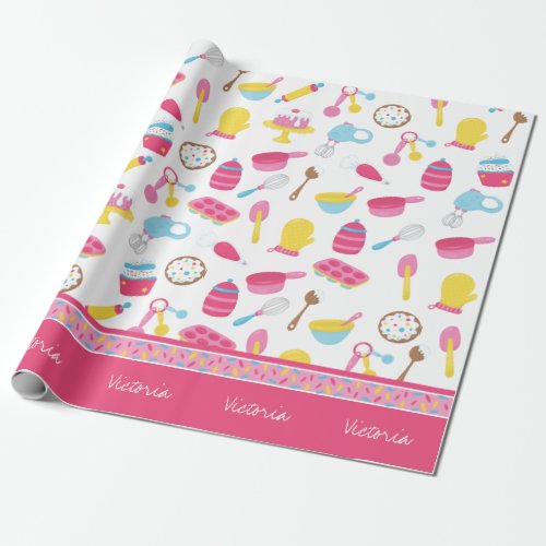 Little Girl Baker Pink Cooking Pattern Chef Kid Wrapping Paper
