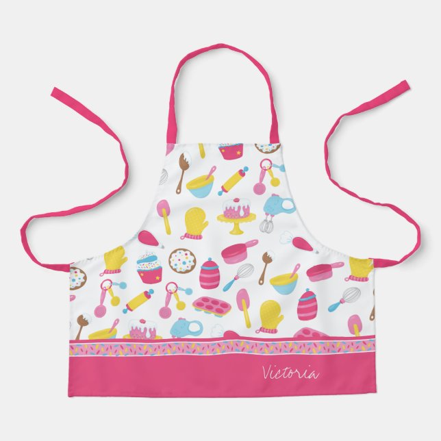 Little Girl Baker Pink Cooking Pattern Kid Chef Apron (Front)