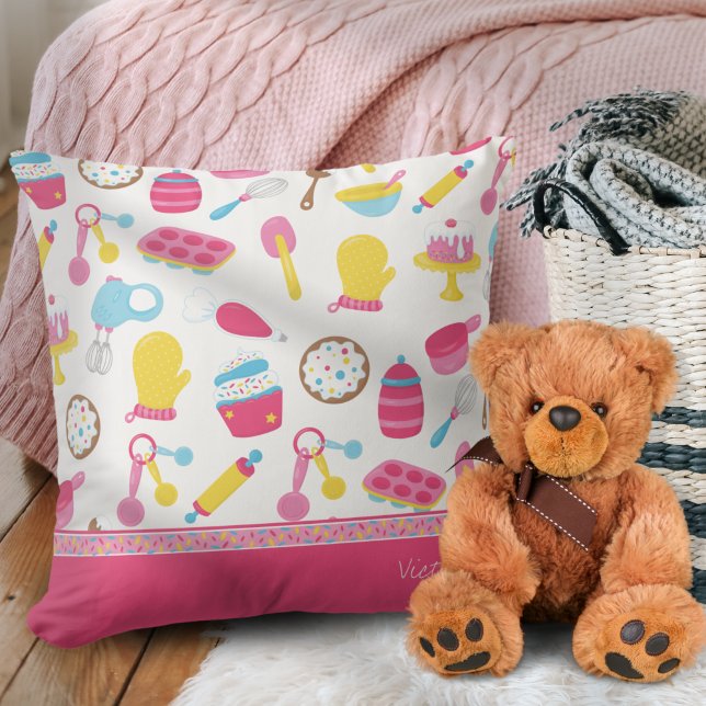 Little Girl Baker Pink Cooking Pattern Kid Chef Throw Pillow (Creator Uploaded)