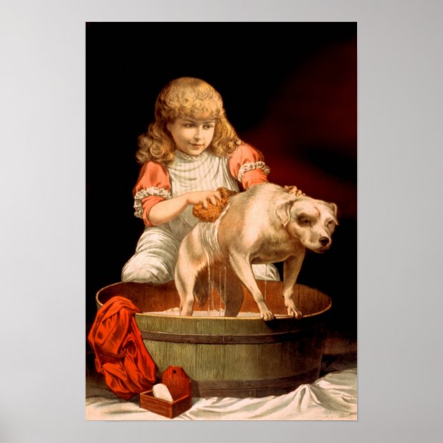 Little Girl Bathing Her Dog Poster (Front)
