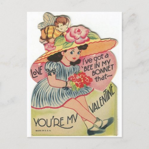 Little Girl Bee in my Bonnet Vintage Valentine Postcard