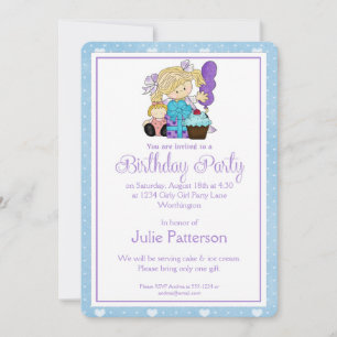 Little Girl Birthday Party Invitation Blue 2