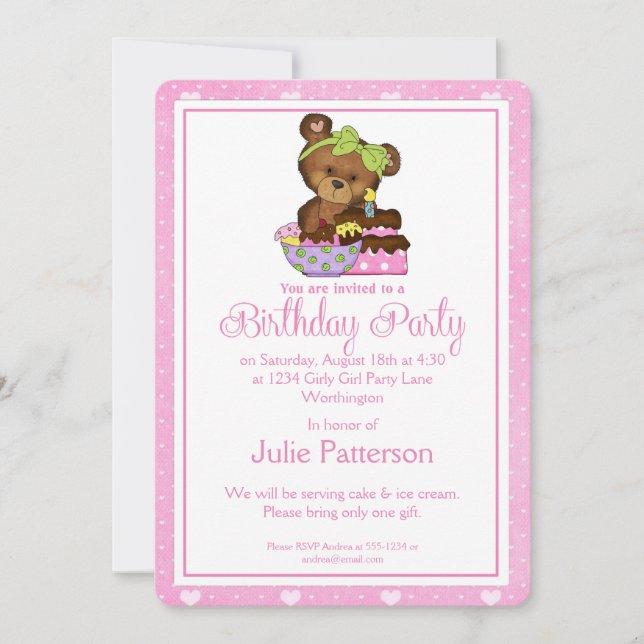 Little Girl Birthday Party Invitation Girly Bear 2 (Front)