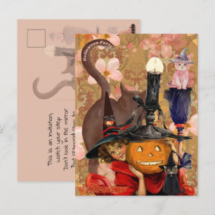 Little Girl Black Cat Pumpkin Vintage Postcard