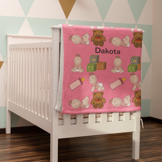 Little Girl Blocks Teddy Bear Bottle Pattern Pink Baby Blanket (Little Girl Blocks Teddy Bear Bottle Pattern Pink Baby Blanket)