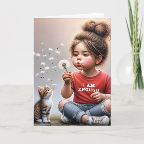 Little Girl Blowing Dandelions For Birthday Card