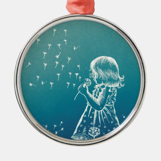 Little girl blowing on a dandelion metal ornament (Front)