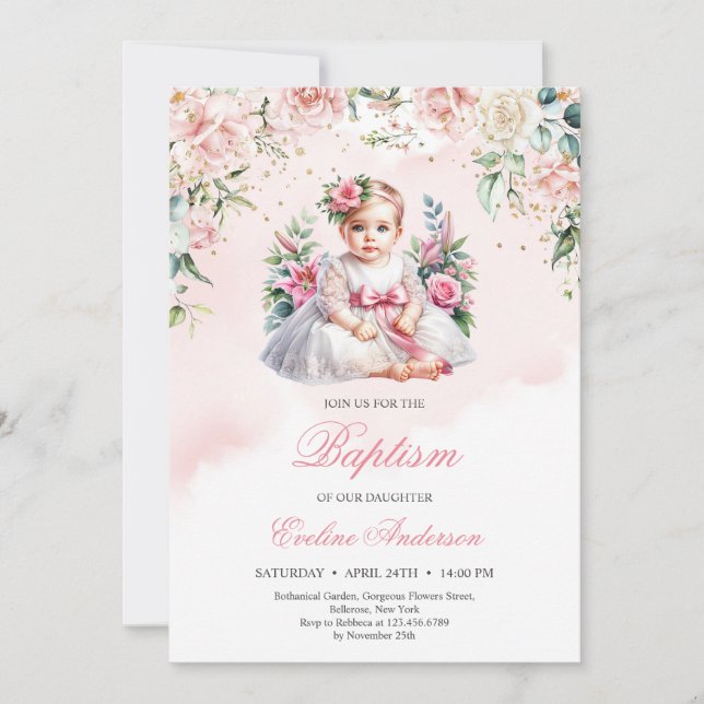 Little girl blush roses floral Baptism invitation (Front)
